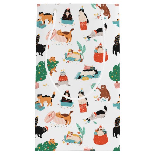 猫とよくはしゃぐクリスマスツリーのパターン スモールペーパーバッグ (正面)