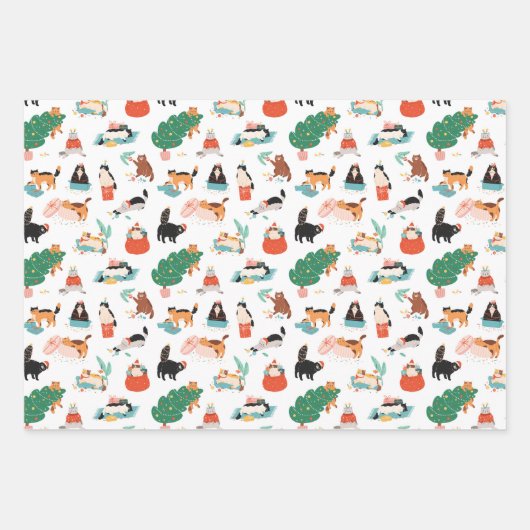 猫とよくはしゃぐクリスマスツリーのパターン ラッピングペーパーシート (正面3)