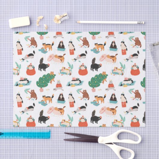 猫とよくはしゃぐクリスマスツリーのパターン 薄葉紙 (クラフト)