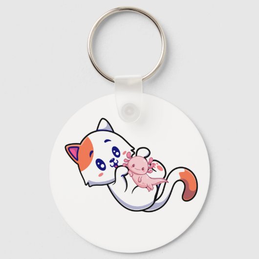 猫とアキソロトルかわいい猫アニメボタンKeychain キーホルダー (正面)
