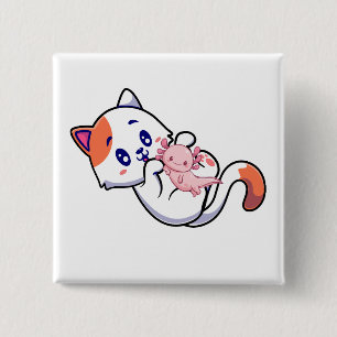猫とアクソロトルかわいい猫アニメスクエアボタン 缶バッジ