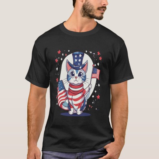 猫とアメリカ国旗のデザインで7月4日を祝おう Tシャツ (正面)