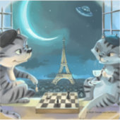猫とエッフェル塔 - 夜のビニールステッカー シール (正面)