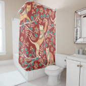 猫とオーナメント、枝に花と葉 シャワーカーテン (インサイチュ)