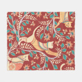 猫とオーナメント、枝に花と葉 フリースブランケット (正面(横))