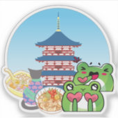 猫とカエルと日本のグルメに恋 シール (正面)