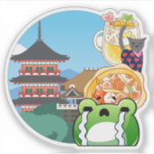 猫とカエルのいる日本の寺での感情 シール (正面)
