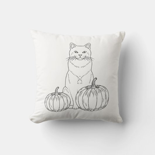 猫とカボチャのミニマリストラインアート秋 クッション (正面)