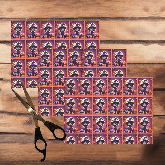 猫とカボチャの可愛い小さな魔女，ハロウィン 薄葉紙