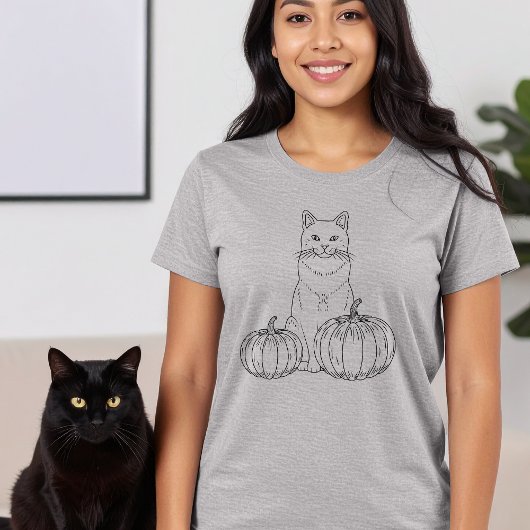 猫とカボチャミニマルのラインアートかわいいハロウィーン Tシャツ