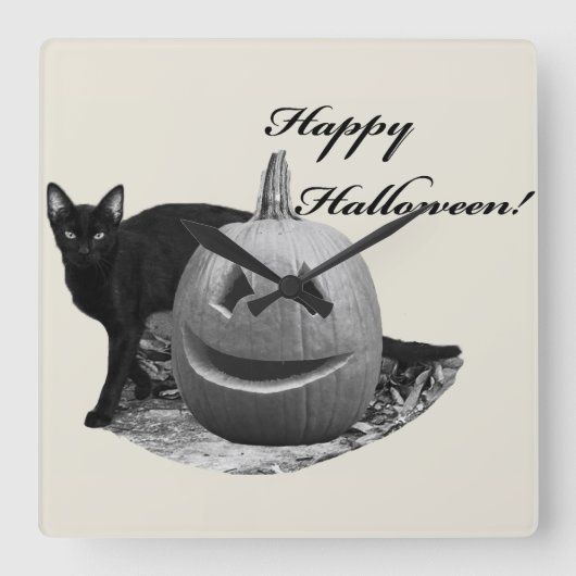 猫とカボチャ ハッピー ハロウィン スクエア壁時計 (正面)