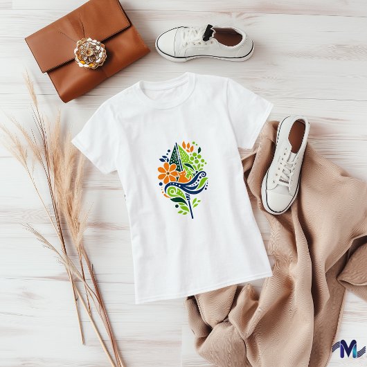 猫とカラフルフローラ抽象芸術アート Tシャツ