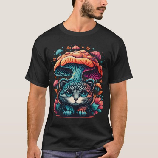 猫とキノコで自分らしさを表現する少年 Tシャツ (正面)