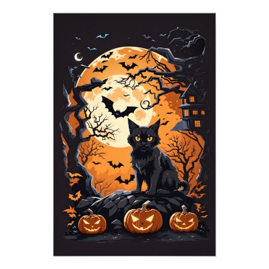 猫とクモ、かぼちゃとのハロウィンシーン フォトプリント            (正面)