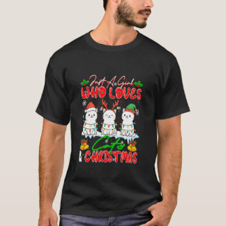 猫とクリスマスが大好きな女の子 サンタのトナカイ3頭 Tシャツ