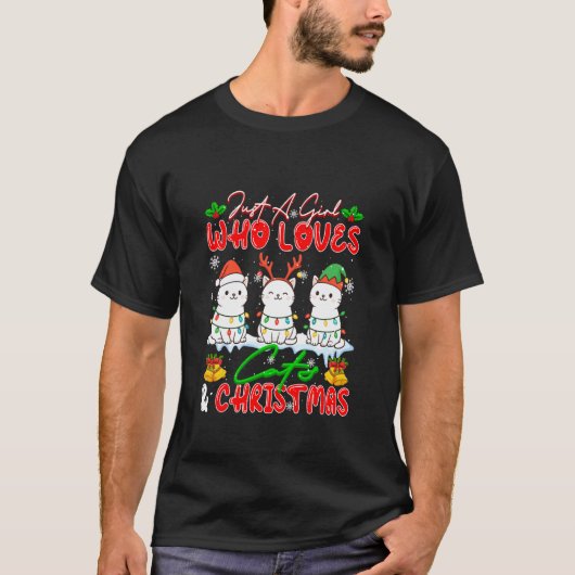 猫とクリスマスが大好きな女の子 サンタのトナカイ3頭 Tシャツ (正面)