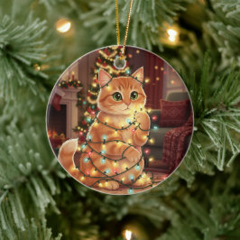 猫とクリスマスイルミネーション - 遊び心あふれる猫 セラミックオーナメント