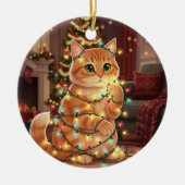 猫とクリスマスイルミネーション - 遊び心あふれる猫 セラミックオーナメント (正面)