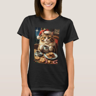猫とクリスマスクッキーのTシャツ、可愛い猫サンタ帽子 フ Tシャツ