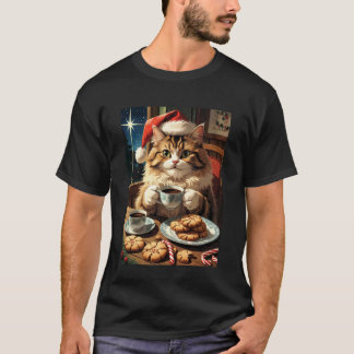 猫とクリスマスクッキーのTシャツ、可愛い猫サンタ帽子 フ Tシャツ