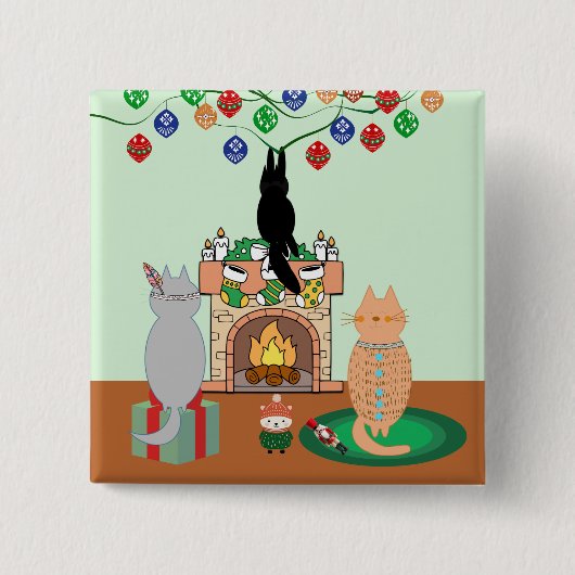 猫とクリスマス – 冬のイラストレーション 缶バッジ (正面)