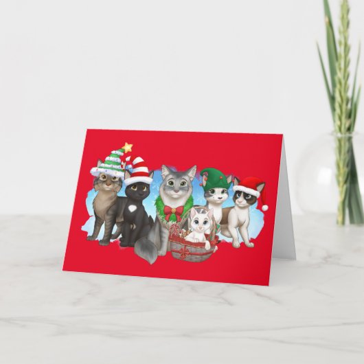 猫とクルーのクリスマスカード5" x 7" シーズンカード (正面)