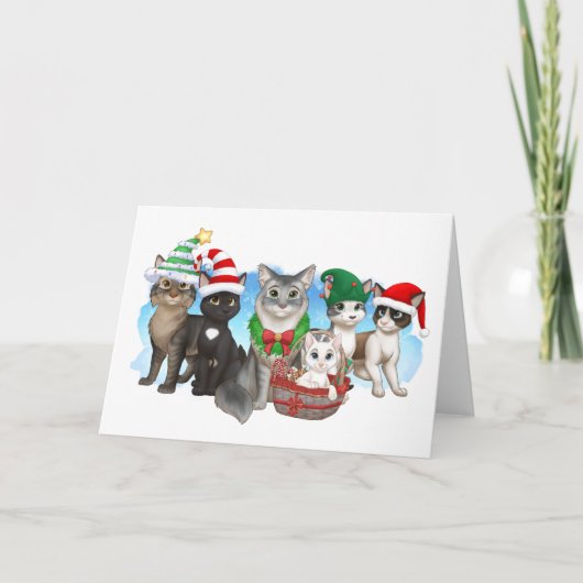 猫とクルーのクリスマスカード5" x 7" シーズンカード (正面)