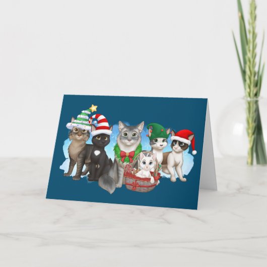 猫とクルーのクリスマスカード5" x 7" シーズンカード (正面)