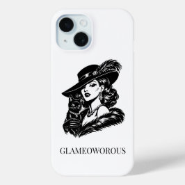 猫とグラマラスな女性のファッションイラスト iPhone 15ケース