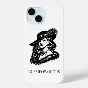 猫とグラマラスな女性のファッションイラスト iPhone 15ケース