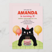猫とケーキとキャンドルを入れたサードパーティの誕生日パーティー 招待状 (正面/裏面)