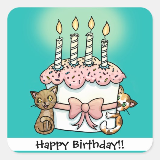 猫とケーキ誕生日 スクエアシール (正面)