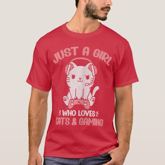 猫とゲームが大好きな女の子 かわいいゲーマー C Tシャツ (正面)