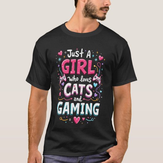 猫とゲームが大好きな女の子 - ゲーマー Tシャツ (正面)