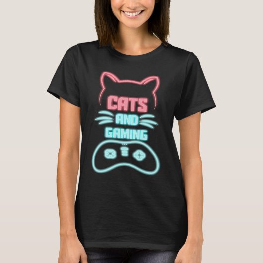 猫とゲームが大好き 可愛いゲーマー Tシャツ (正面)