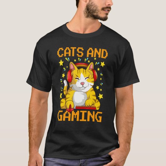 猫とゲームビデオゲーム猫 Tシャツ (正面)