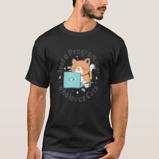 猫とコンピューターを愛するただのプログラマー コード Tシャツ (正面)