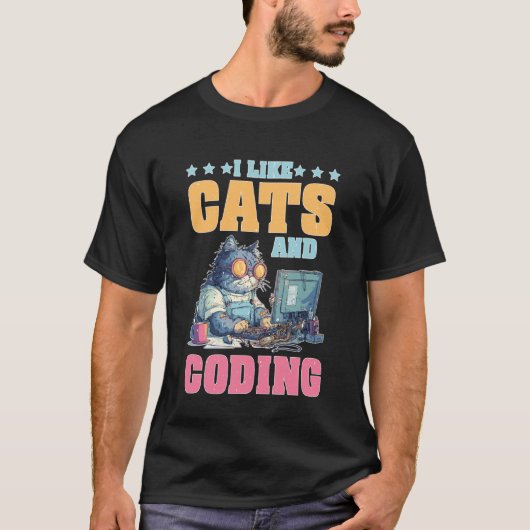 猫とコーディングが好きなプログラマーの情熱的なテクノロジー Tシャツ (正面)