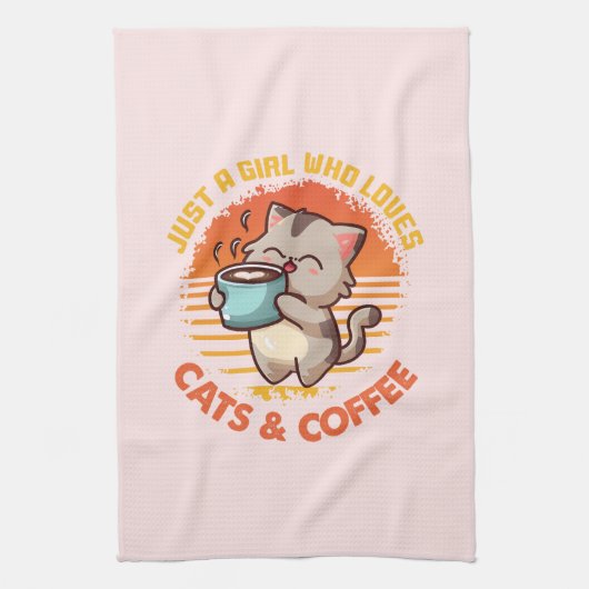 猫とコーヒーが大好きな女の子 キッチンタオル (縦)