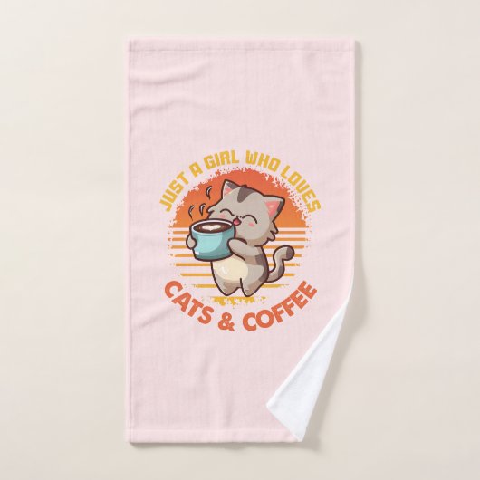 猫とコーヒーが大好きな女の子 バスタオルセット (ハンドタオル)