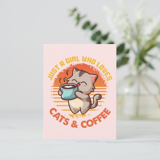猫とコーヒーが大好きな女の子 ポストカード (スタンド正面)