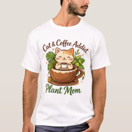 猫とコーヒーと観葉植物のアート Tシャツ
