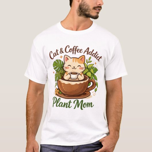 猫とコーヒーと観葉植物のアート Tシャツ (正面)