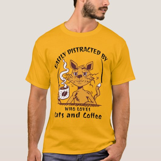猫とコーヒーに惑わされる 面白い 猫好き Tシャツ (正面)