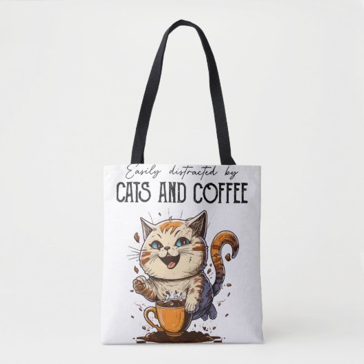 猫とコーヒーに簡単に気を取られる 猫好き コーヒー好き トートバッグ (正面)