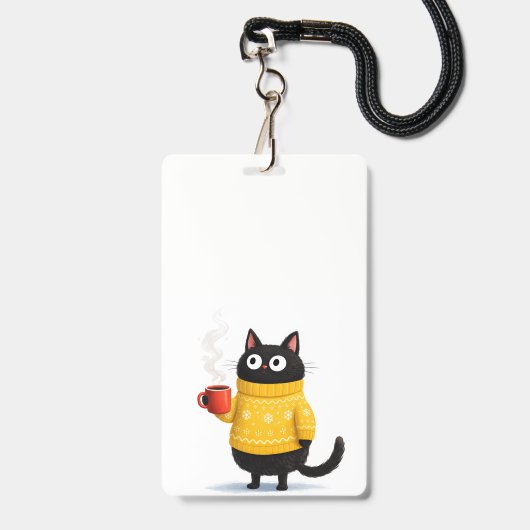 猫とコーヒーのバッジ バッジ (正面（ネックストラップ付）)