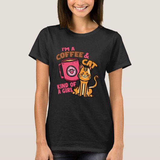 猫とコーヒーを愛する女性 女子 Tシャツ (正面)
