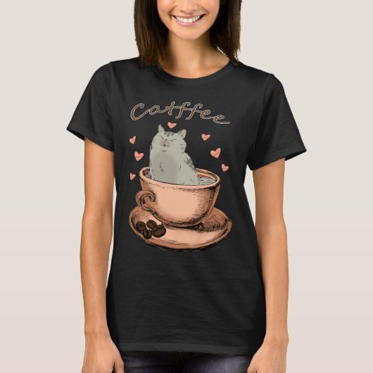 猫とコーヒー猫の飼い主モーニング Tシャツ (正面)