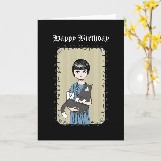 猫とゴシックガール不気味なダークアートハッピーバースデー カード (黄色い花)