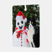 猫とサンタ雪だるまのおもしろいクリスマス写真 – メタルオーナメント (正面左)